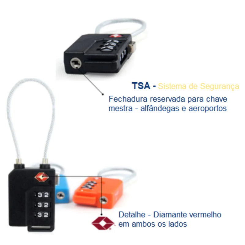Cadeado TSA com Cabo de Aço e Código para Mala e Bagagem