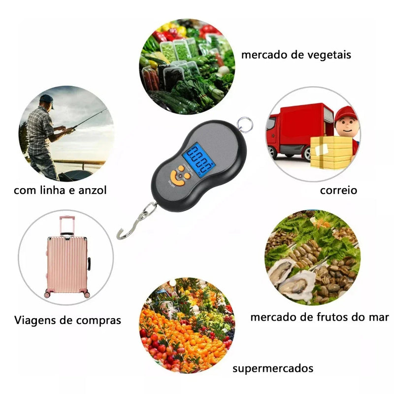 Balança de Gancho Metal Portátil Digital Mão Bolsa Mala Peixe Até 50kg Top KD2147