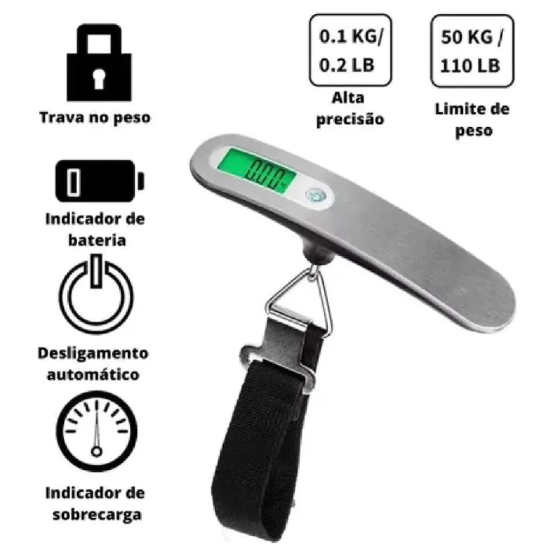 Balança Portátil Digital De Mão Mala Bagagem Pesca Até 50 Kg Cor Prateado
